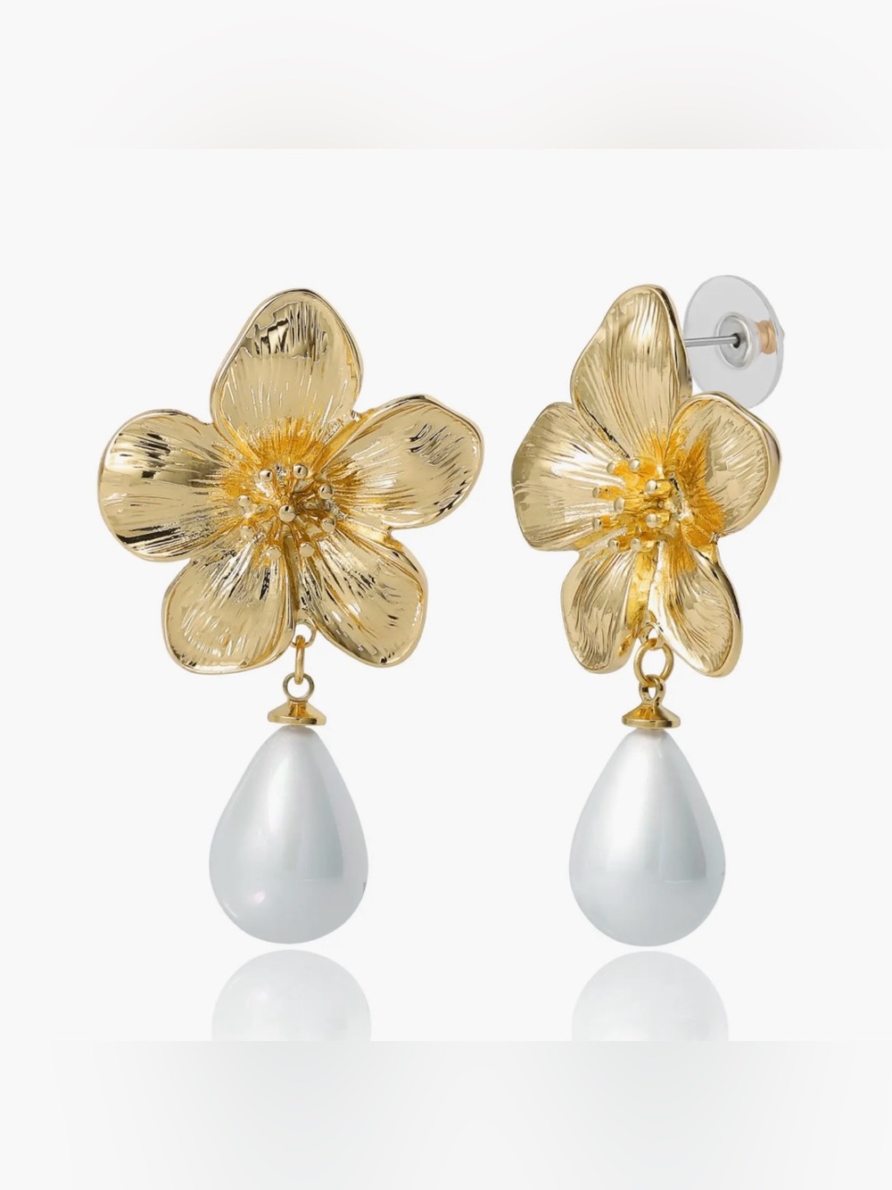 Gold-Tone Flower Earrings with Dangling Drop Faux Pearl Statement Earrings